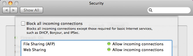 Mac OS X firewall screenshot